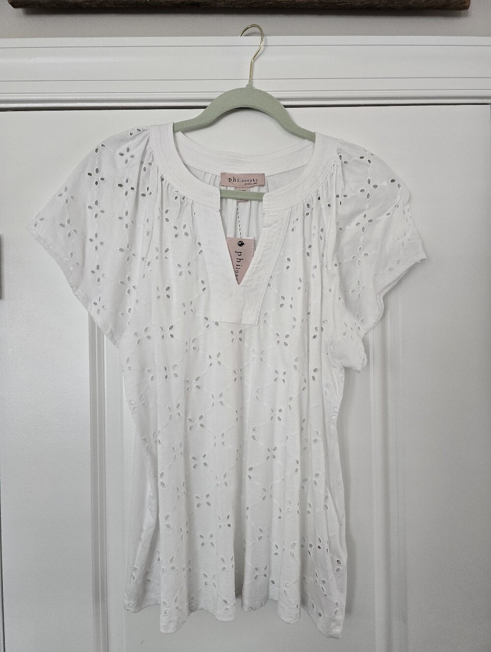 Philosophy White Eyelet Split-Neck Tunic Top